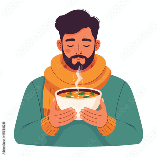 Man enjoying a steaming bowl of soup on a cold day