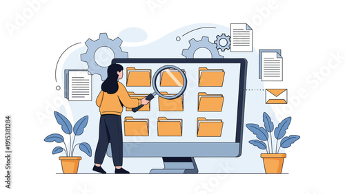 Professional woman searches for specific documents by using a magnifying glass over folders on a computer monitor.