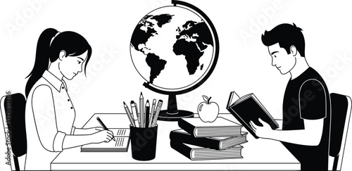 Students studying at desk with globe books and apple education concept black and white vector illustration