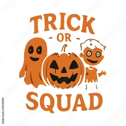 Halloween friends squad with ghost, mummy, and jack-o-lantern