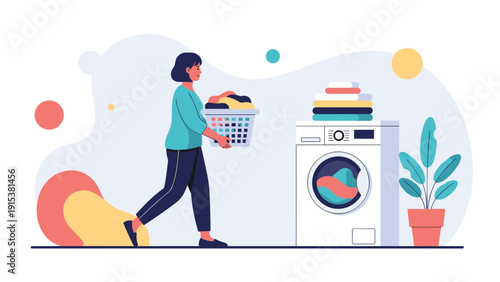 Woman carries a heavy basket of dirty clothes to the washing machine for household laundry chores in a modern home.