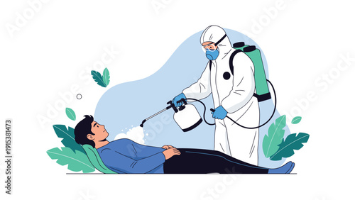 Worker in a white hazmat suit uses a sprayer to disinfect a person lying down for medical or sanitation purposes.