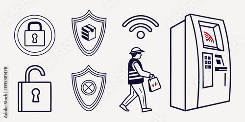 Illustration of various security and safety icons including a police officer. Vector