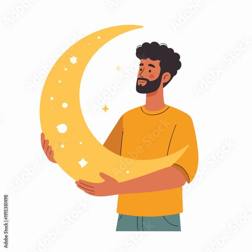 Man embracing a glowing crescent moon with stars in the night sky illustration