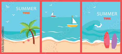 set of summer holiday banners. bright retro summer posters with stripes, shells and palm trees.	
