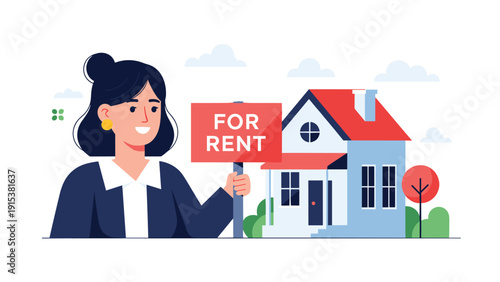 Friendly real estate agent holds a for rent sign next to a beautiful house to help families find their new home.