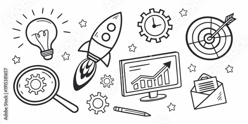 Illustration of various business and productivity icons on a white background Vector