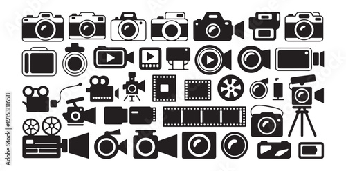 Photography and videography camera and related equipment vector icons set isolated on white background