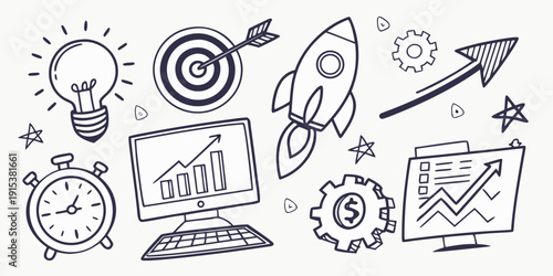 A collection of various icons representing different aspects of creativity and innovation. Vector