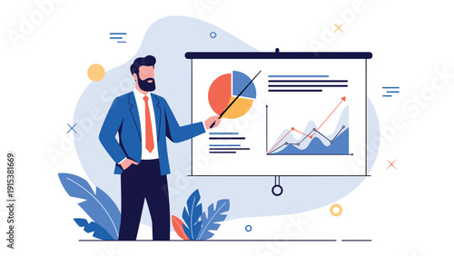 Successful businessman in a suit uses a pointer to explain pie charts and growth graphs during a company meeting.
