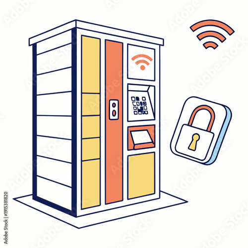 A modern server rack with a secure lock and wireless connectivity symbol. Vector