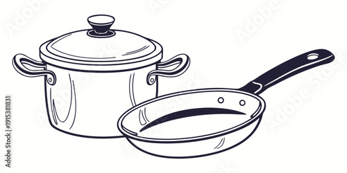 A drawing of a pot and pan set with a lid and spatula on a white background. Vector