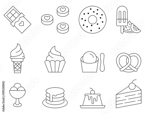 Collection of various sweet dessert icons. Containing cupcake, croissant, chocolate, ice cream, cookies, candy, donut and more. Dessert icons set pastries in minimal line style. Vector illustration.