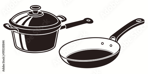 A variety of pots and pans for cooking and preparing meals at home Vector