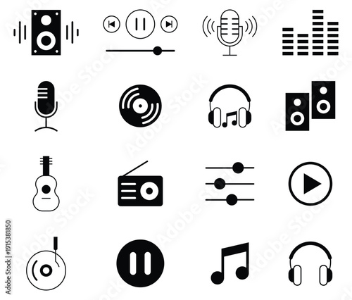 Collection of music silhouette icons. Containing guitar,  headphones, speaker volume, play, equalizer, loudspeaker, microphone and more. Musical instrument symbol. Vector illustration. 
