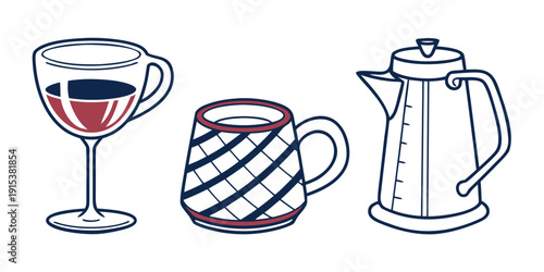 A variety of drink containers including a wine glass, mug, and kettle. Vector