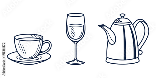 A collection of elegant glassware and teaware for a refined tea time experience Vector