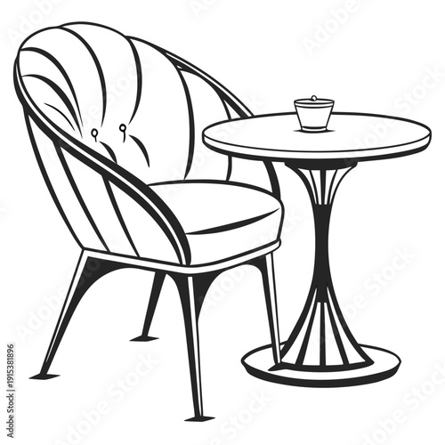 A cozy outdoor setting with a single chair and a small round table. Vector