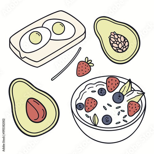 A colorful illustration of various food items including avocado toast and a fruit bowl. Vector