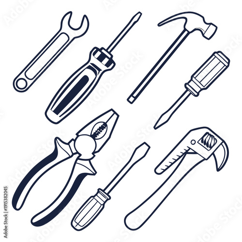 A diverse collection of tools commonly used in various repair and construction tasks Vector