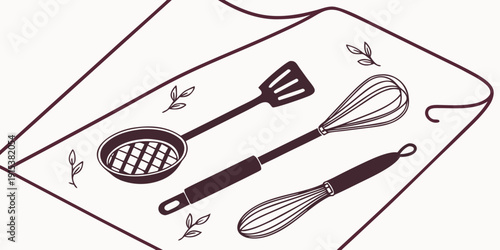 Assorted kitchen utensils laid out on a white surface Vector