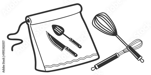 Kitchen utensils including a whisk, spatula, and spoon on a white surface Vector