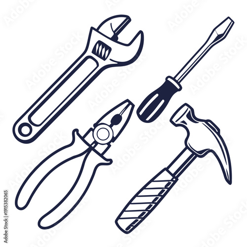 A collection of essential tools including a wrench, pliers, screwdriver, and hammer Vector