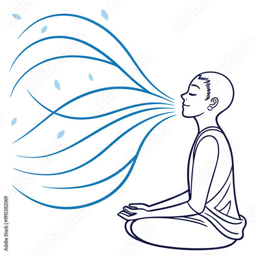 Person meditating with blue energy waves emanating from their mouth Vector