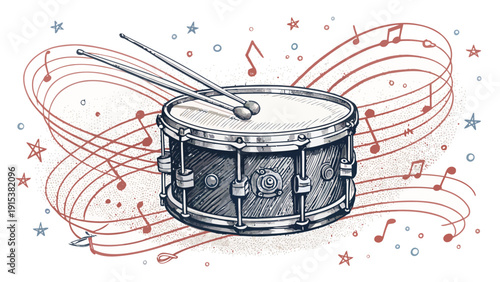 Drummer's dynamic snare drum with vibrant musical notes and stars