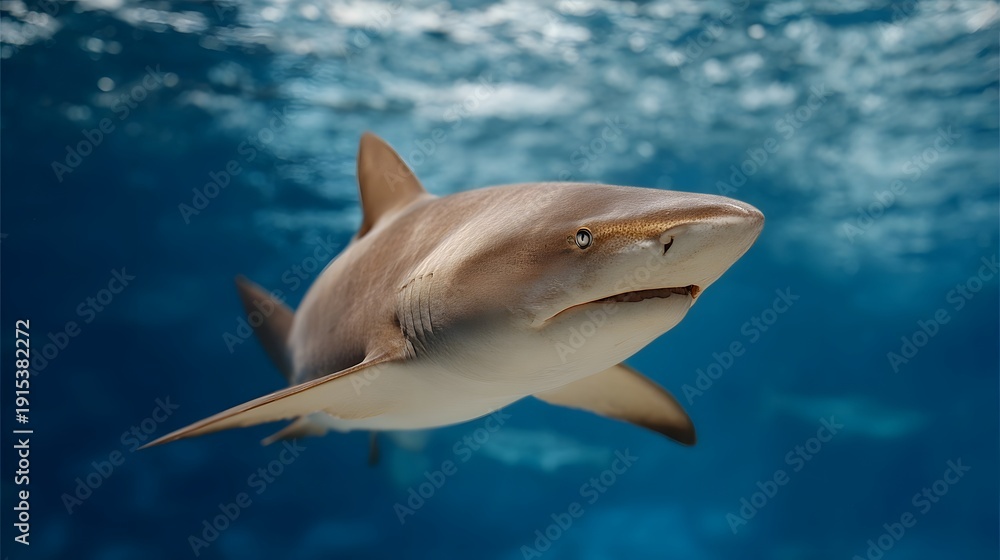 Obraz premium A detailed high underwater shot captures a serene yet predatory shark swimming gracefully in clear blue ocean water with sunlight from above