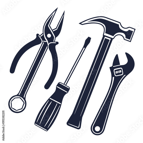 A variety of tools including pliers, a hammer, and a wrench displayed together Vector
