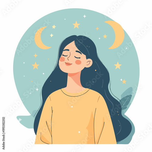 A serene woman with closed eyes, surrounded by stars and moons, in a peaceful night sky
