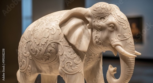 Intricate carved white elephant statue in museum setting