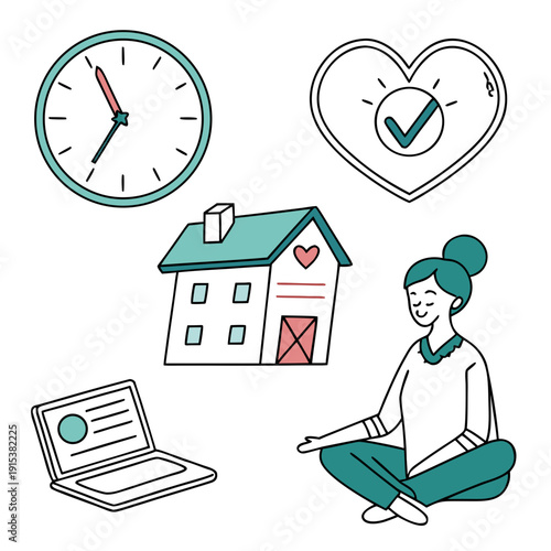 A woman works from home while managing household tasks and personal health. Vector