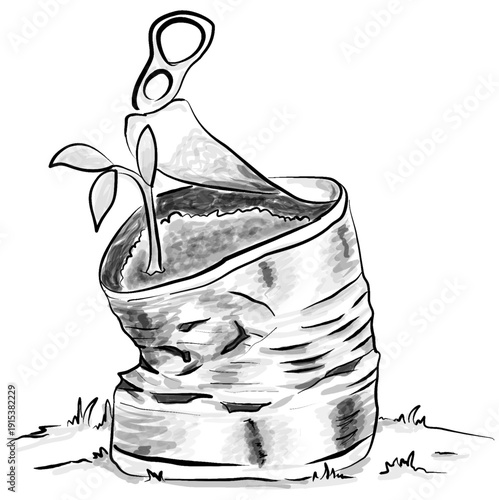 Hand Drawn Recycled Tin Can with Plant Sprout Black and White Illustration