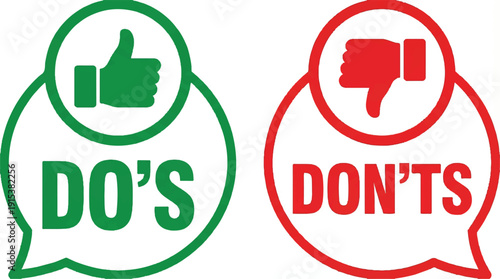 Green and red dos and donts signs with thumbs up and thumbs down
