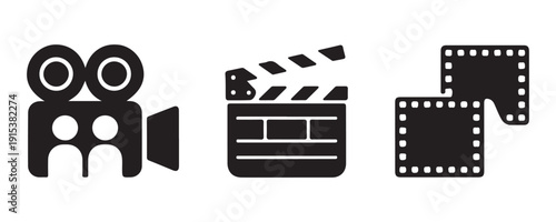 Video production icons set. camera, clapperboard, and filmstrip symbols vector illustration isolated.