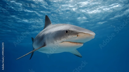 A majestic tiger shark swims through clear blue ocean water illuminated by sunlight from the surface
