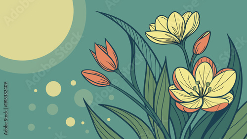 A cluster of yellow and orange-tinged flowers and closed buds, accented with dark green, long leaves