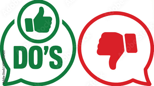 Green and red speech bubbles with thumbs up and down for dos and donts  simple icons