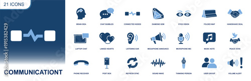 Communication icon set. Containing chat, message, call, microphone, megaphone, sound wave, nodes, group, handshake, idea, vision, peace, sync and more. Solid vector icons collection