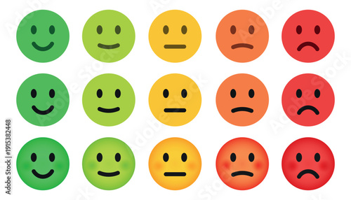 Colorful feedback emojis set, emojis ranging from happy to sad, for surveys, rating systems, user feedback, and user interface elements as a rating scale or for collecting feedback 