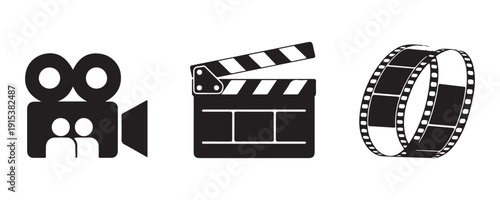 Film production icons collection video camera clapperboard and film reel symbol flat design vector illustration