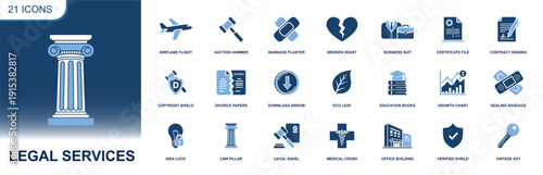 Legal services icon set. Containing law pillar, gavel, contract, certificate, divorce papers, copyright, shield, key, office building, justice and more. Solid vector icons collection