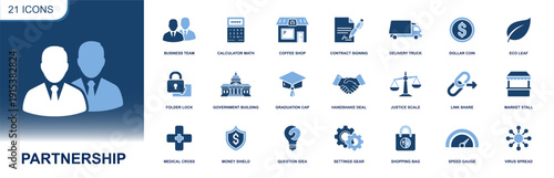 Partnership icon set. Containing business team, handshake, contract, link share, secure folder, justice scale, money shield, delivery, market, eco leaf and more. Solid fill vector icons collection