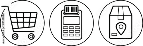 Icons-representing-shopping,-calculator,-and-delivery-box-in-circular-frames