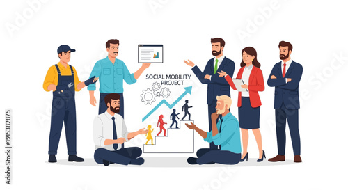 Diverse team collaborating on social mobility project with innovative ideas