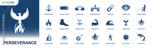 Perseverance icon set. Containing phoenix, flame, anchor, battery, bridge, target, strength, walking, time, roots, ocean wave, windy tree and more. Solid fill vector icons collection