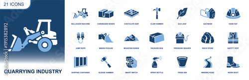 Quarrying industry icon set. Containing bulldozer, pickaxe, rock, hard hat, safety vest, gas mask, container, package, road, pressure washer, tools and more. Solid fill icons collection