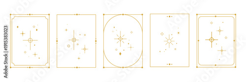 Elegant gold star frame set with minimalist geometric borders and celestial sparkle elements ideal for luxury posters banners covers card templates invitations and upscale branding designs.Vector